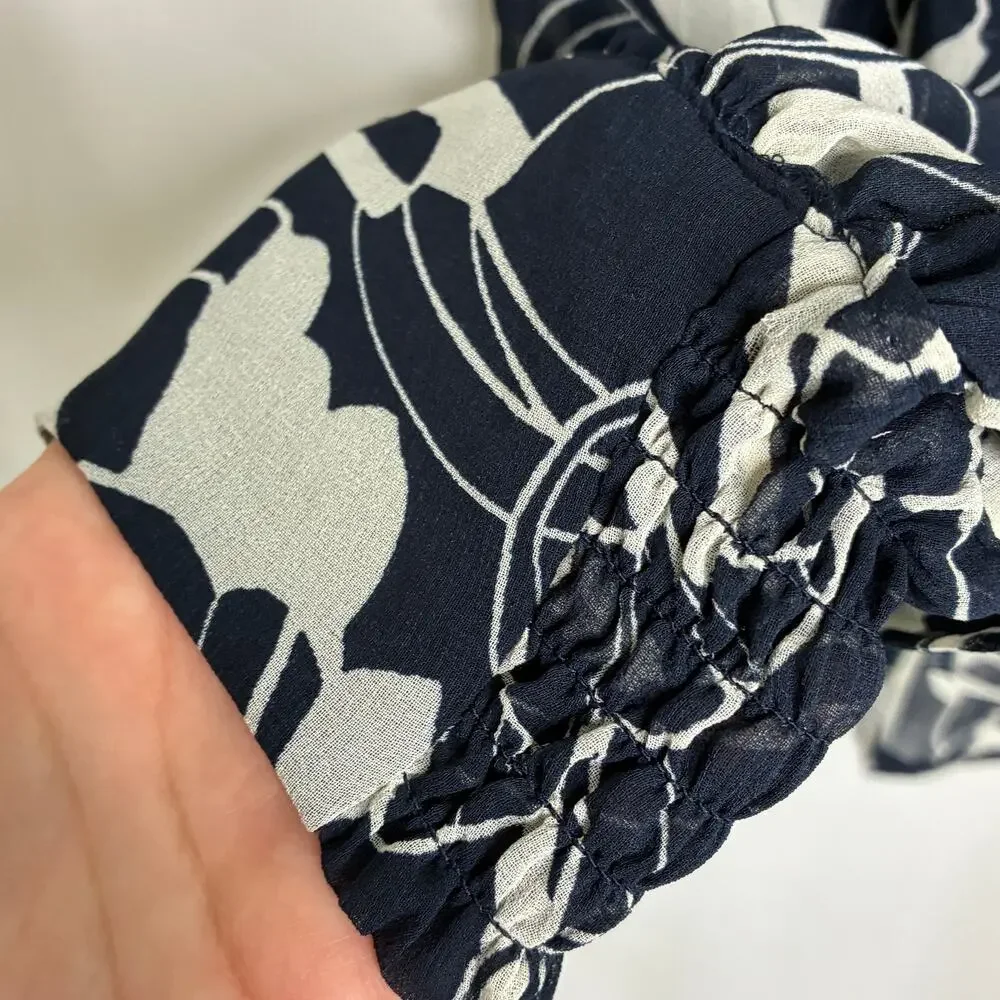 Chico's Navy Blue White Abstract Floral Sheer Button Up Blouse Chicos 1.5/ US M